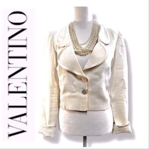 VALENTINO Vintage Ivory Linen Crop Blazer with silk trim SZ 4